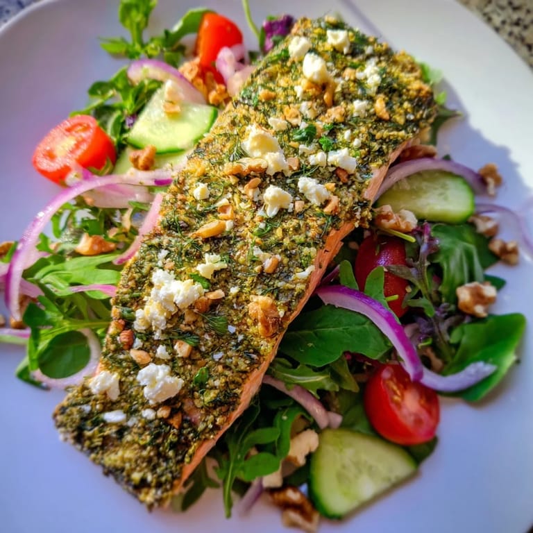 Flavorful herb-crusted salmon salad, featuring a zesty vinaigrette dressing and a light meal.
