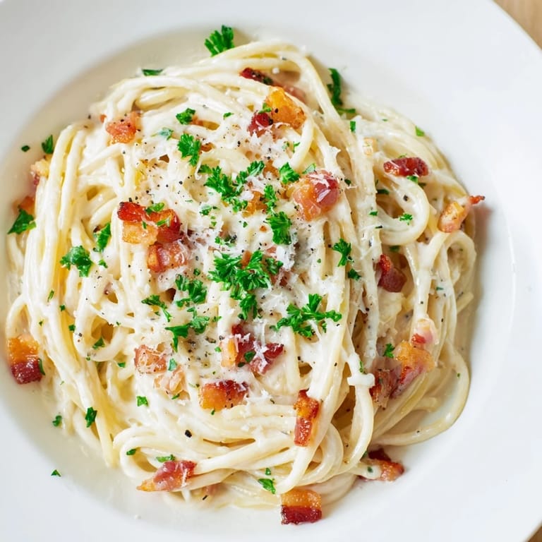 Golden, crispy bacon tops this rich creamy garlic bacon pasta, perfectly coated with a silky sauce.