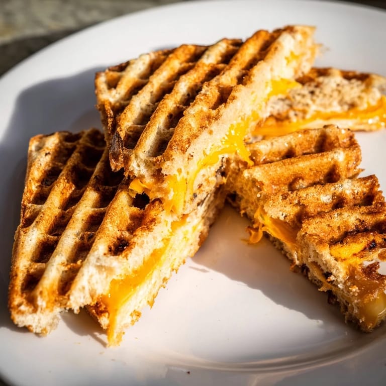 A close-up of a perfectly toasted waffle grilled cheese, with visible cheese pulling gently.