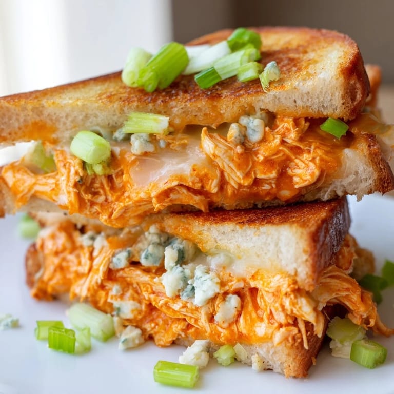 Crispy sourdough cradling savory Buffalo Chicken Grilled Cheese, featuring melted cheese and spicy chicken filling.