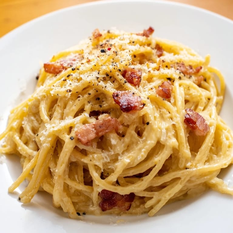 Quick Express Spaghetti Carbonara recipe: golden bacon bits and perfectly cooked spaghetti, ready to serve and enjoy.