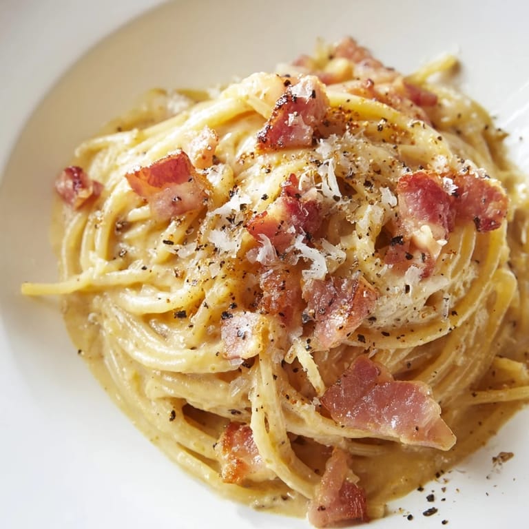 A close-up of Express Spaghetti Carbonara, showing the glossy, creamy sauce clinging to each pasta strand.