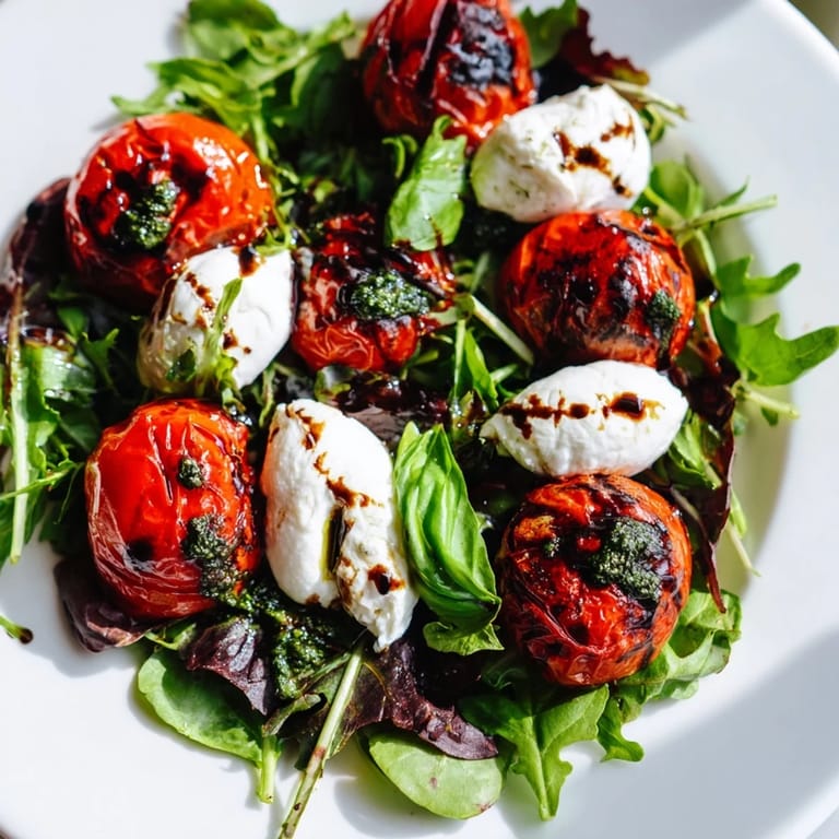 A close-up of a finished Charred Tomato Salad with Burrata, showcasing juicy tomatoes and creamy burrata.