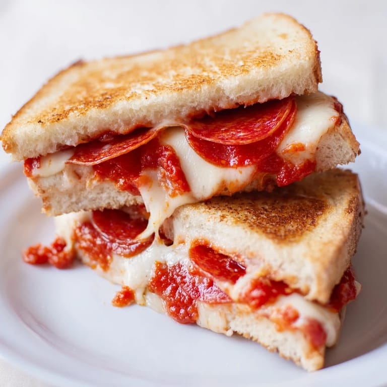 Mouthwatering close-up of a Pizza Grilled Cheese, featuring crispy bread and savory, melty cheese.