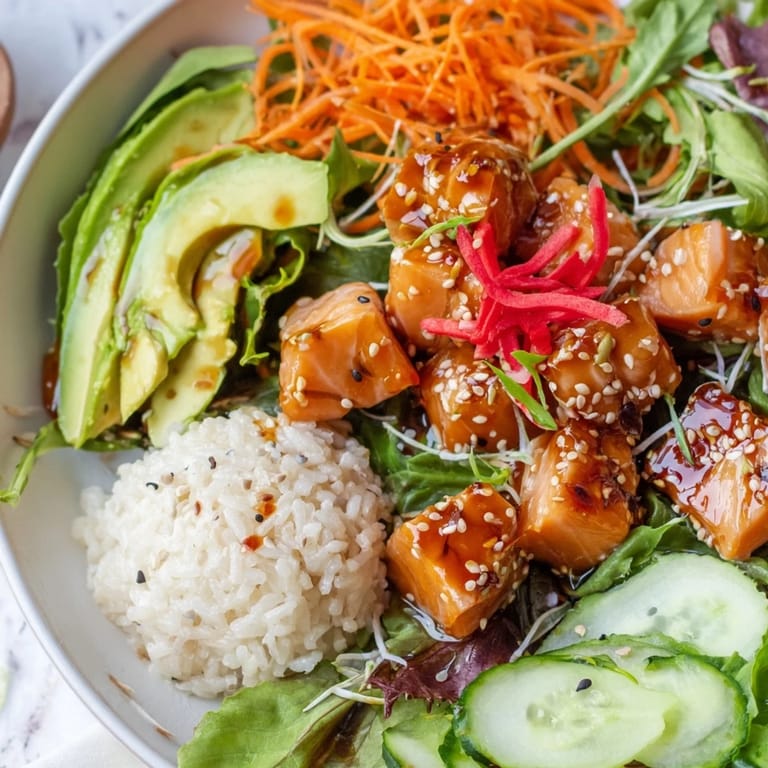 This flavorful Poke Bowl Salad features marinated raw fish over mixed greens, ready to eat.