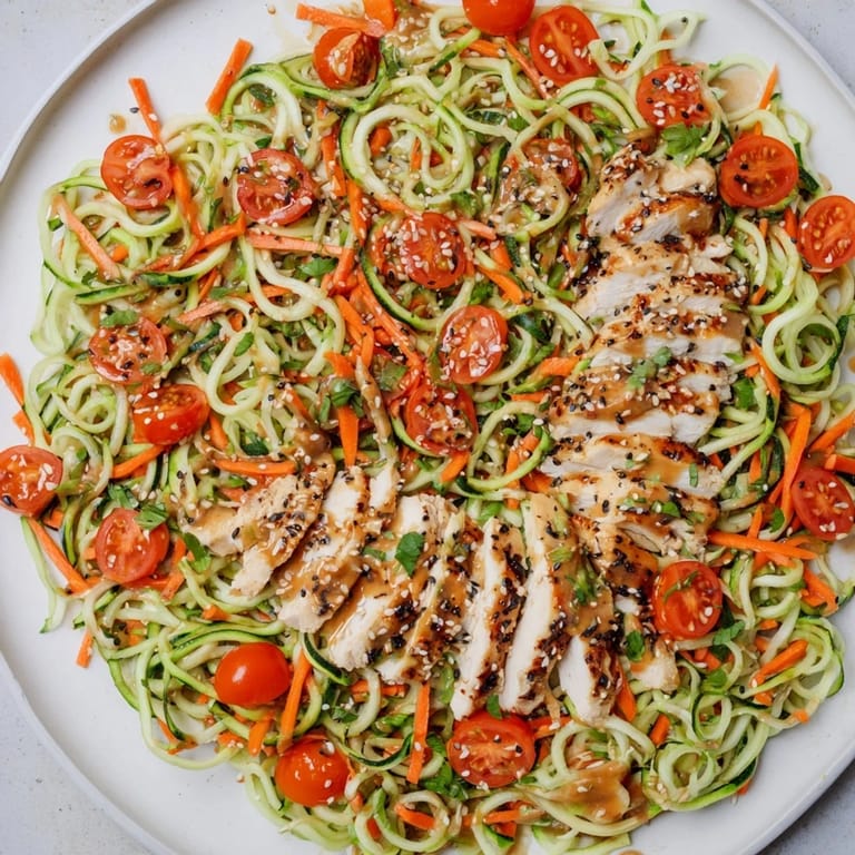 Bright serving of Protein Cucumber Salad showing sliced chicken atop fresh spiralized cucumber in a bowl.