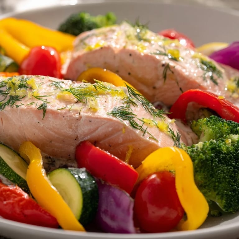 Sizzling, flaky Salmon Sheet Pan Bake, showcasing vibrant roasted bell peppers and zucchini, ready to enjoy.