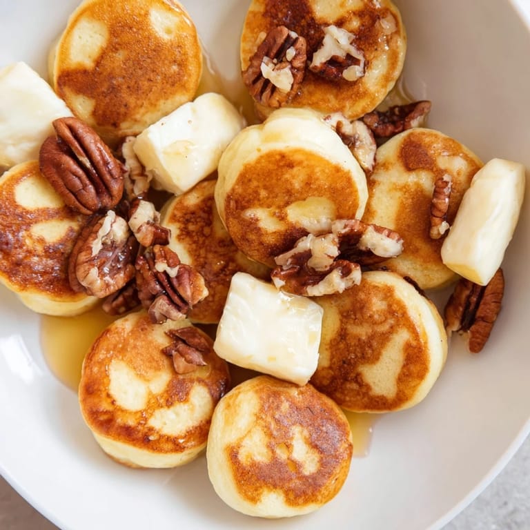A plate of freshly baked Pancake Brie Bites, with a glistening honey drizzle and chopped nuts.