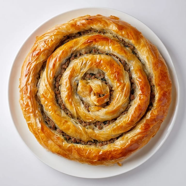 This photo shows a close-up of a freshly baked Bosnian Burek, ready to serve with yogurt.