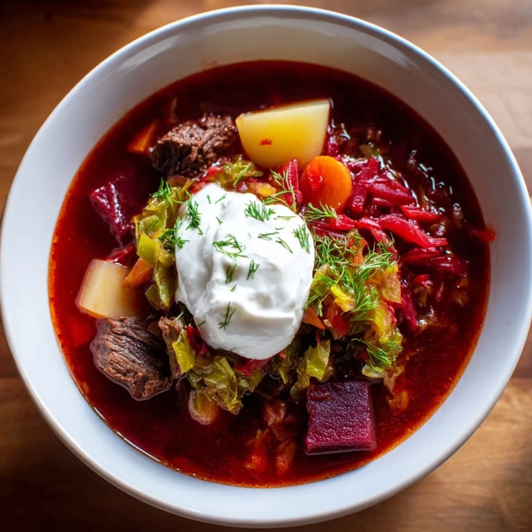 A close-up of a rustic bowl of Ukrainian Borscht, offering a hearty, comforting, vegetable-beef stew.