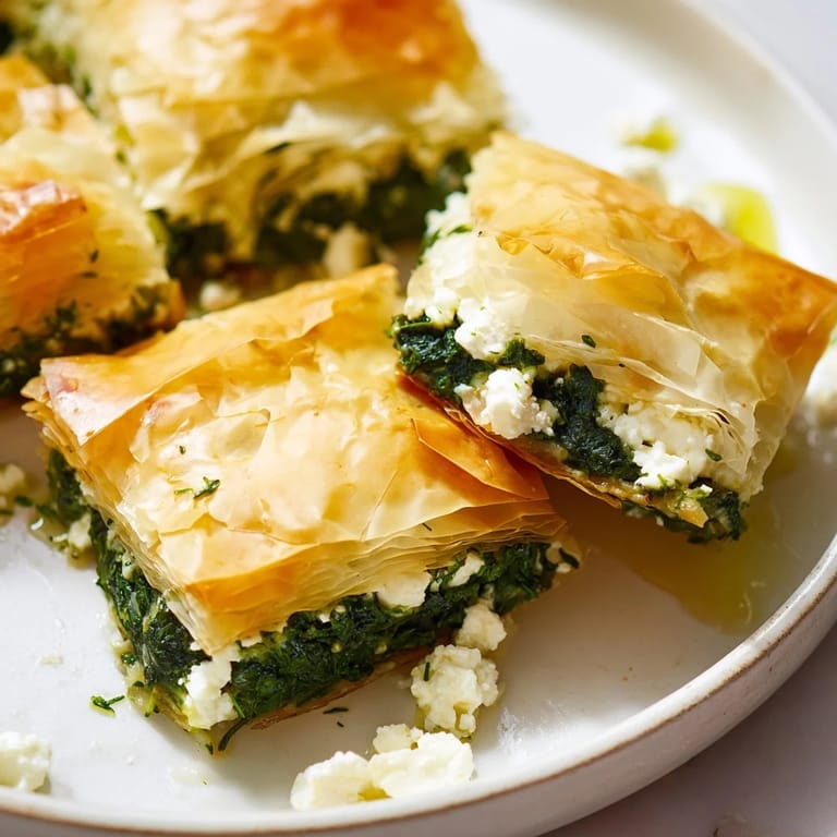 Close-up of a rustic Greek Spanakopita, showing the creamy filling and crispy, golden layers.