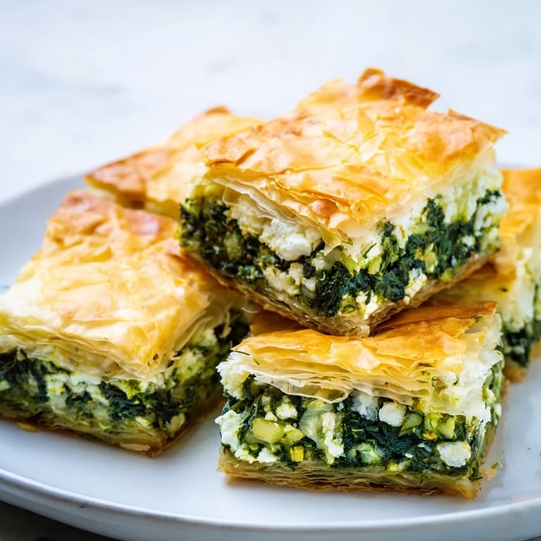 A warm, delicious slice of Greek Spanakopita, its crust beautifully browned and inviting.