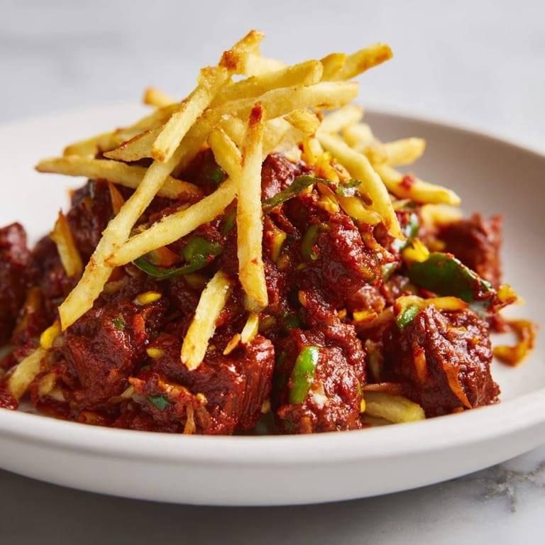 A steaming bowl of Czech Goulash with flavorful sauce, contrasted by crunchy fried potatoes, a delicious meal.