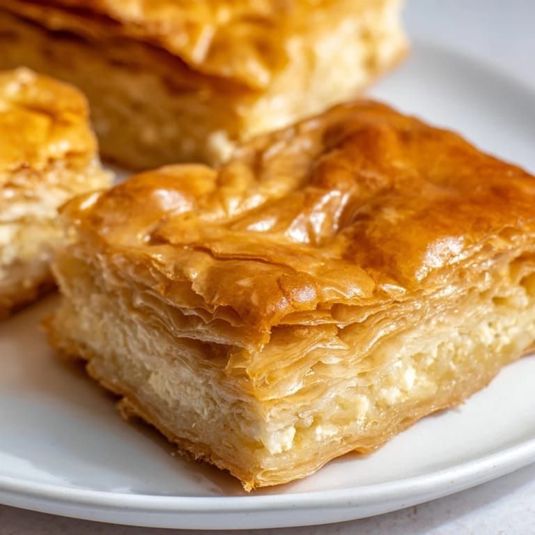 A close-up of a freshly baked Serbian Gibanica, with bubbly layers and a rich, cheesy aroma.