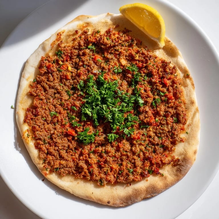 Freshly baked Turkish Lahmacun flatbread, featuring a crispy crust and a vibrant, spiced meat mixture.