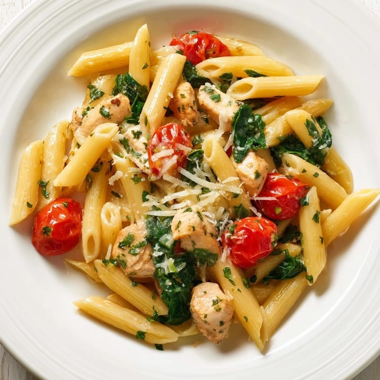 Golden chicken and pasta tossed with herbs in One-Pan Lemon Herb Pasta Chicken, garnished with melted Parmesan and basil.