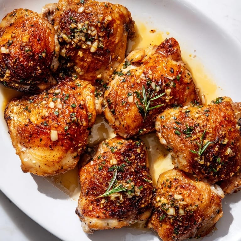 Juicy bone-in Garlic Butter Chicken Thighs garnished with parsley, sizzling from the oven.