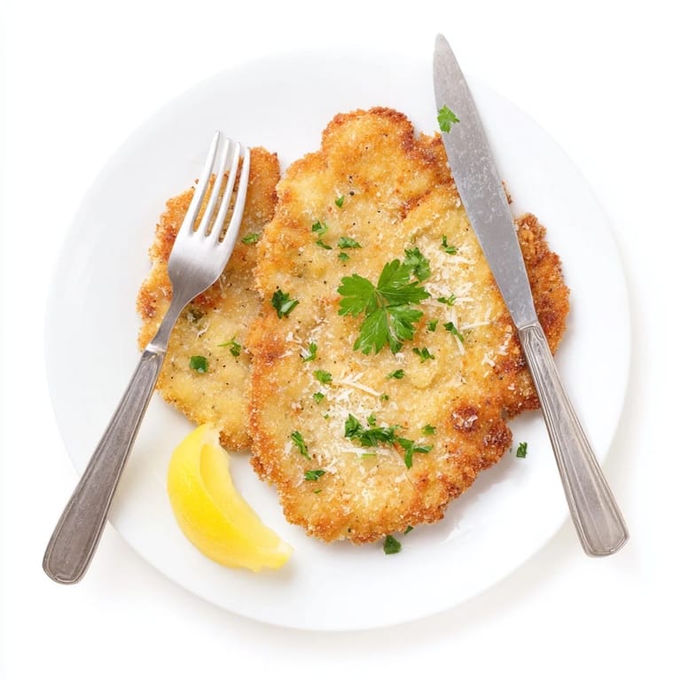 A close-up of Crispy Parmesan Chicken Cutlet, showing its crunchy Parmesan-herb breadcrumb coating.  