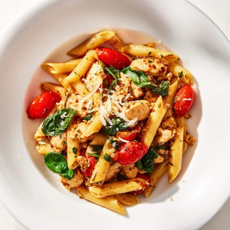 One-Pan Lemon Herb Pasta Chicken features juicy chicken, fresh spinach, and cherry tomatoes in a vibrant skillet dish.