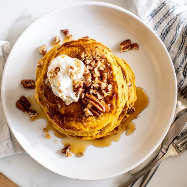 A close-up of fluffy Pumpkin Spice Pancakes topped with a dollop of whipped cream and a sprinkle of cinnamon for a festive brunch.