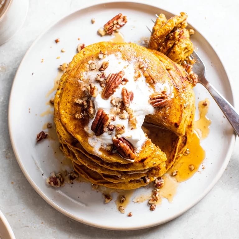 Pumpkin Spice Pancakes sizzling on a griddle, their warm spices filling the air, ready to be served with butter and maple syrup.