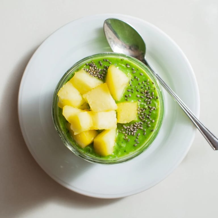 Close-up of a chilled glass of Spinach-Hidden Smoothie, glistening with condensation and topped with a sprinkle of chia seeds.