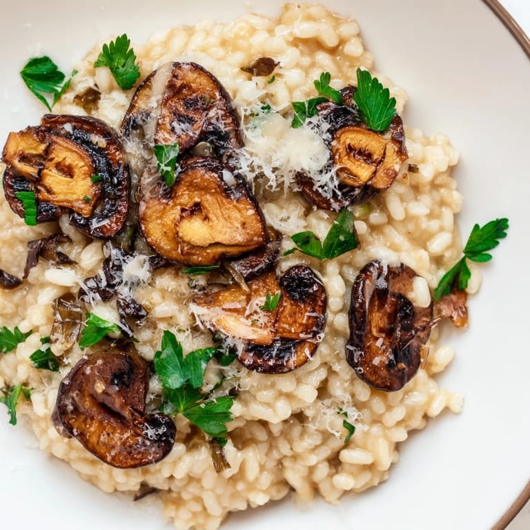 Savory Italian roasted mushroom risotto featuring tender mushrooms, white wine, and fresh thyme, ready to serve immediately.