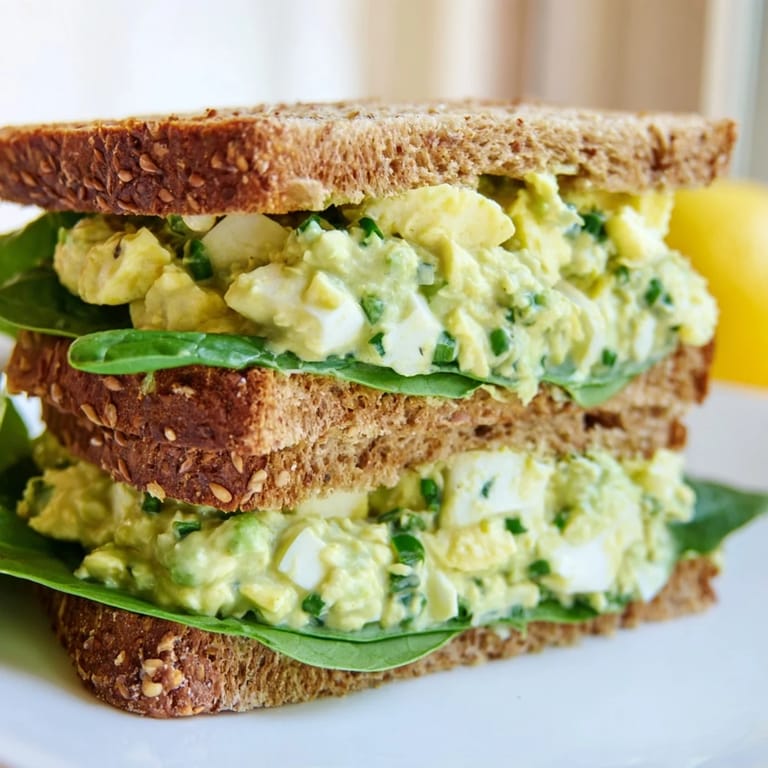 Healthy avocado egg salad sandwich layered with crisp lettuce and juicy tomato, ready for a satisfying lunch.
