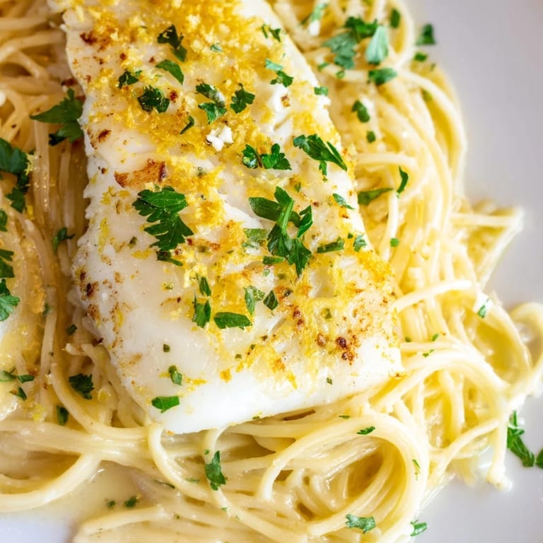 A close-up of Lemon Bass Pasta shows tender white fish fillets and glistening pasta with zesty lemon and garlic notes.