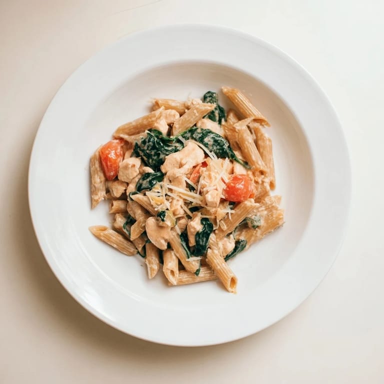 Healthy Greek Yogurt Chicken Pasta served hot, garnished with fresh basil, ready to be enjoyed for a high-protein family dinner.