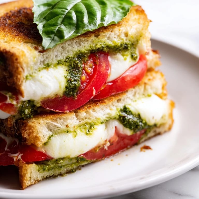 Caprese Pesto Grilled Cheese served warm with fresh basil, perfect for a quick, vegetarian Italian-American lunch or dinner.