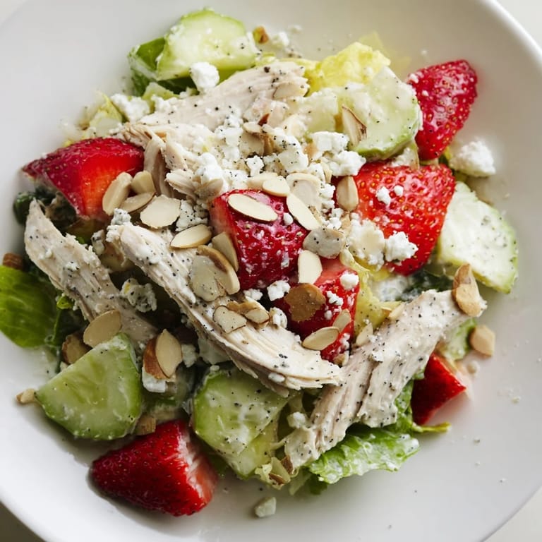 Fresh Strawberry Poppy Seed Chicken Salad topped with crumbled feta, toasted almonds, and red onion, served as a light main dish for summer meals.