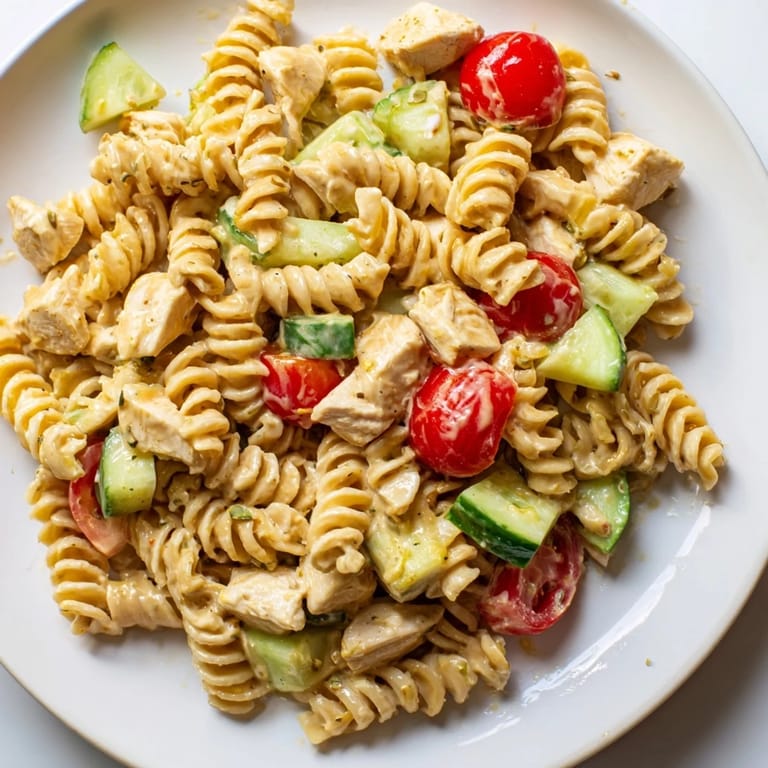 Overhead view of Honey Mustard Chicken Pasta Salad tossed with mixed greens, ready for a picnic or light dinner.
