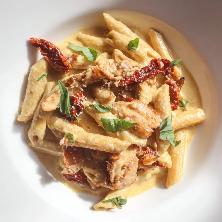 Steaming Creamy Sun-Dried Tomato Chicken Pasta in a skillet, perfect for a cozy weeknight Italian-American dinner.