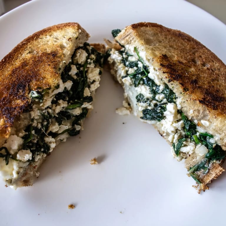 Close-up of a vegetarian Feta & Spinach Stuffed Grilled Cheese, showcasing the melty cheese and vibrant green spinach filling on thick bread.