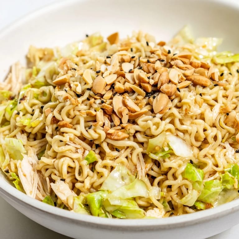 Bright, colorful salad of cabbage, carrots, and scallions with shredded chicken and broken ramen noodles drenched in ginger-sesame vinaigrette.