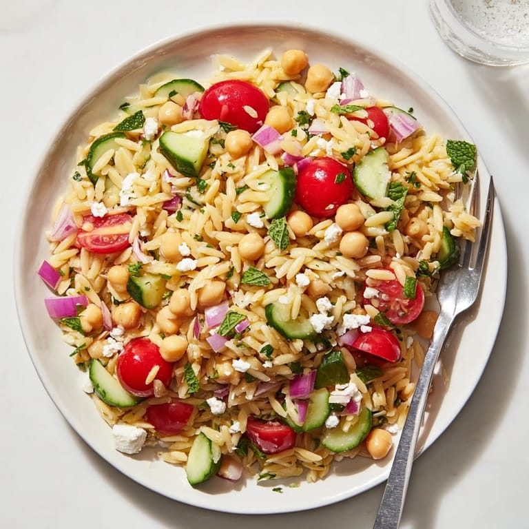 Bright Mediterranean flavors shine in this Lemony Chickpea Orzo Salad, featuring feta crumbles and a zesty lemon vinaigrette.