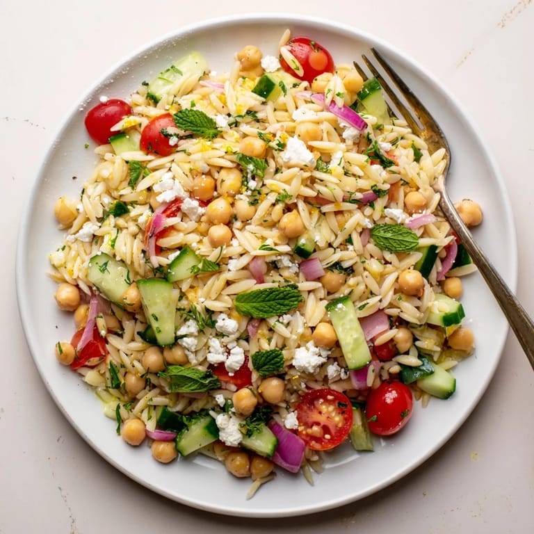 This Lemony Chickpea Orzo Salad is tossed with chickpeas, red onion, and mint, perfect for a refreshing summer lunch.