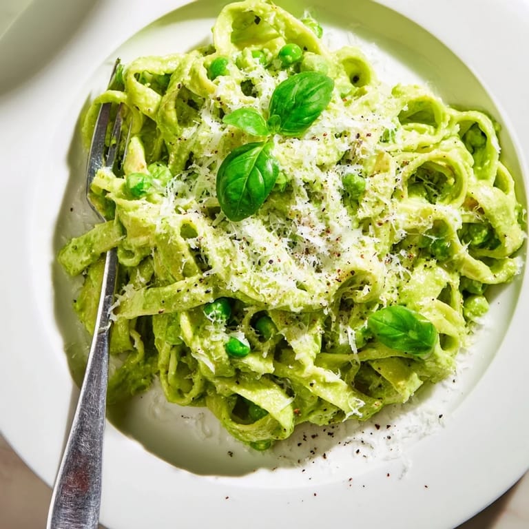 Steam rises from a bowl of Creamy Green Pea Alfredo, featuring fettuccine noodles coated in rich, velvety sauce with parmesan.