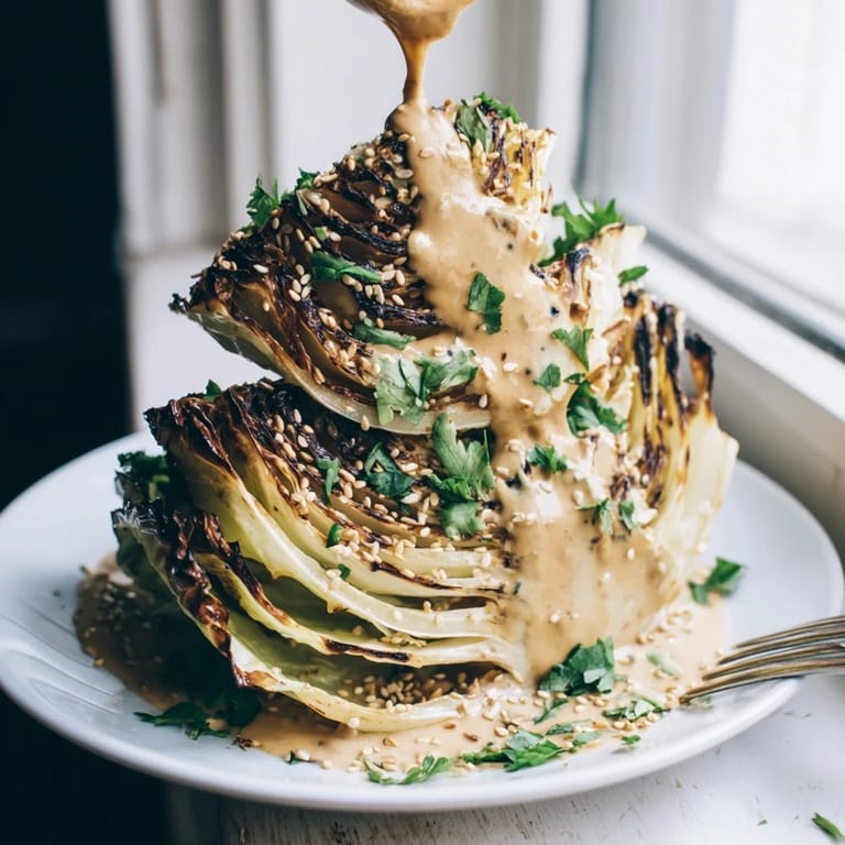 Roasted Cabbage Wedges With Tahini Sauce served warm with sesame seeds and lemon garnish.