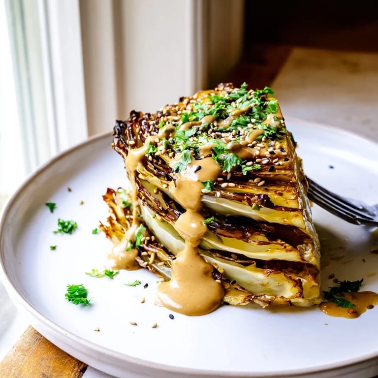 Crispy Roasted Cabbage Wedges With Tahini Sauce, topped with fresh herbs and paprika on platter.