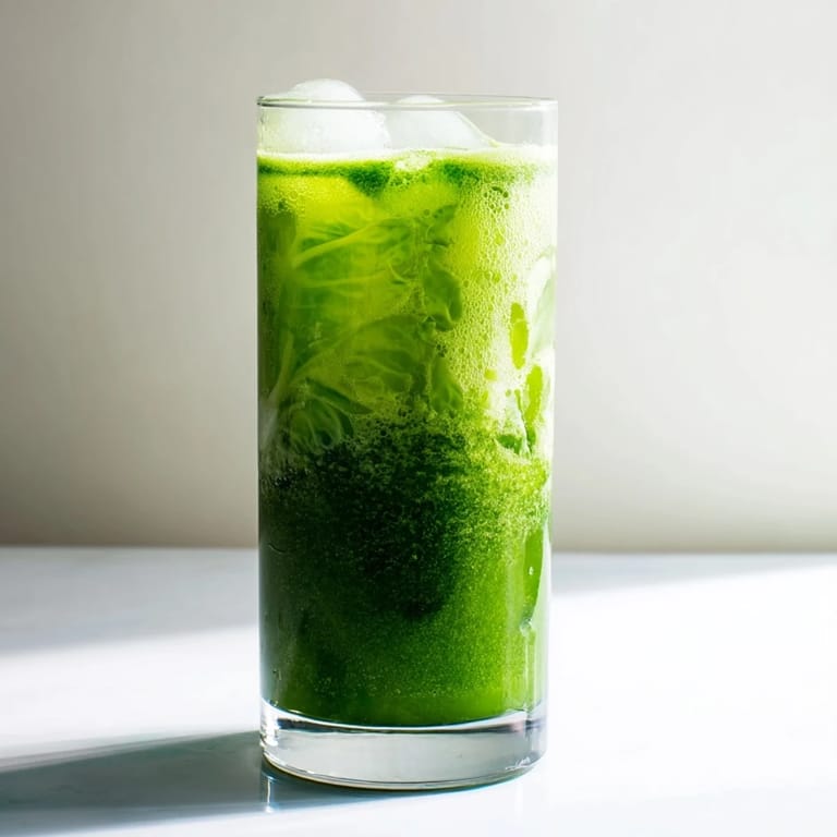 Homemade cabbage and kale detox juice with crisp cucumber and celery, ready to sip.