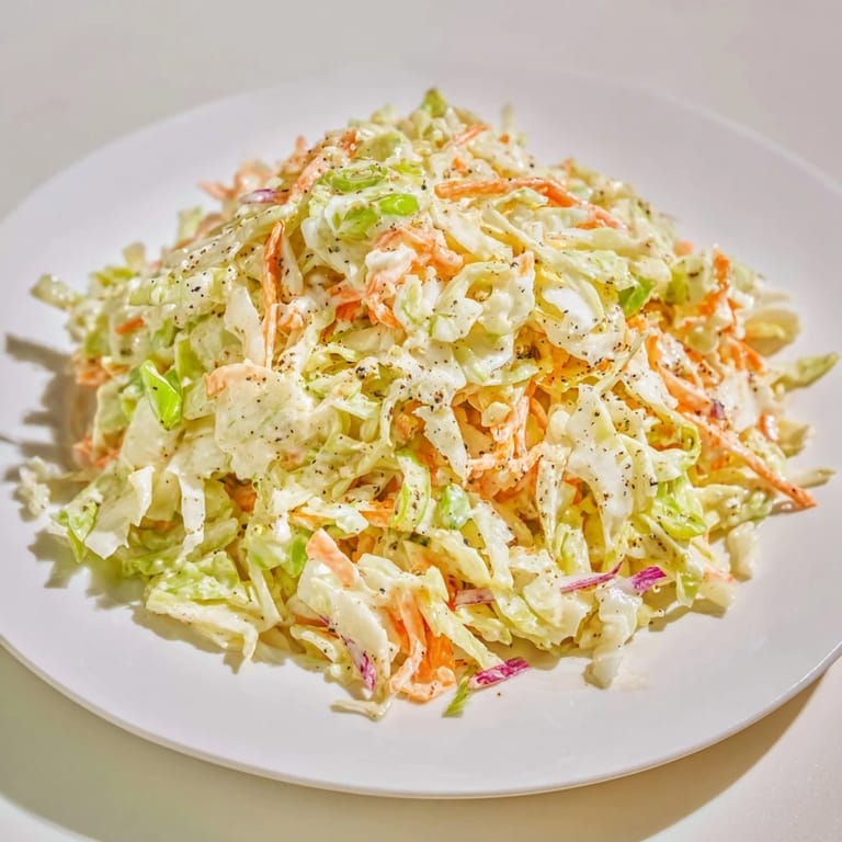 Freshly tossed Best Cabbage Coleslaw with crunchy cabbage and carrots in tangy dressing, served in a rustic white bowl.