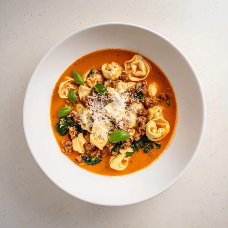 Warm Tuscan Tortellini Soup with tender cheese tortellini, savory sausage, and fresh spinach floating in a velvety tomato-based broth.