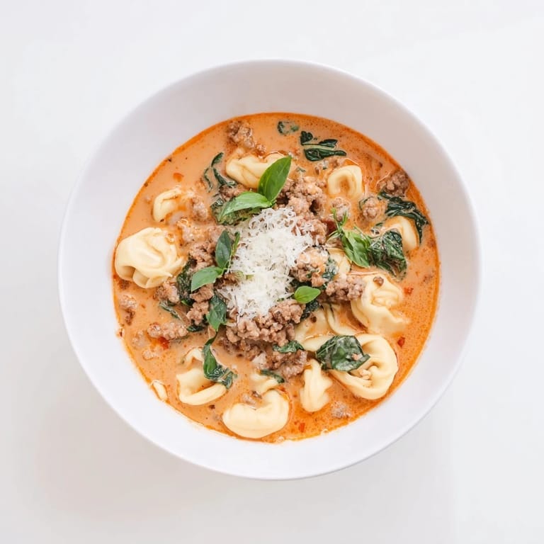 Hearty Tuscan Tortellini Soup features cheesy pasta and mild sausage simmered in a rich, creamy tomato broth, perfect for a cozy family dinner.  