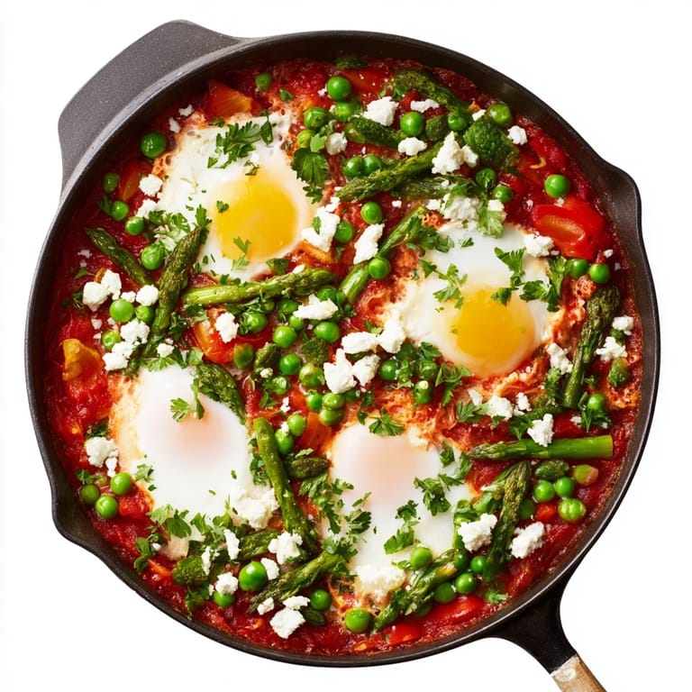 Hearty Pea and Broad Bean Shakshuka served in a skillet, lemon wedges on the side for a bright, fresh finish.