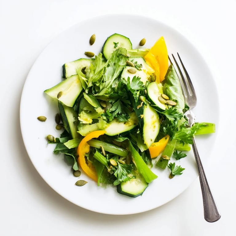 Fresh Glowing Green Salad tossed with mixed greens and bell peppers, dressed in a light, tangy vinaigrette.