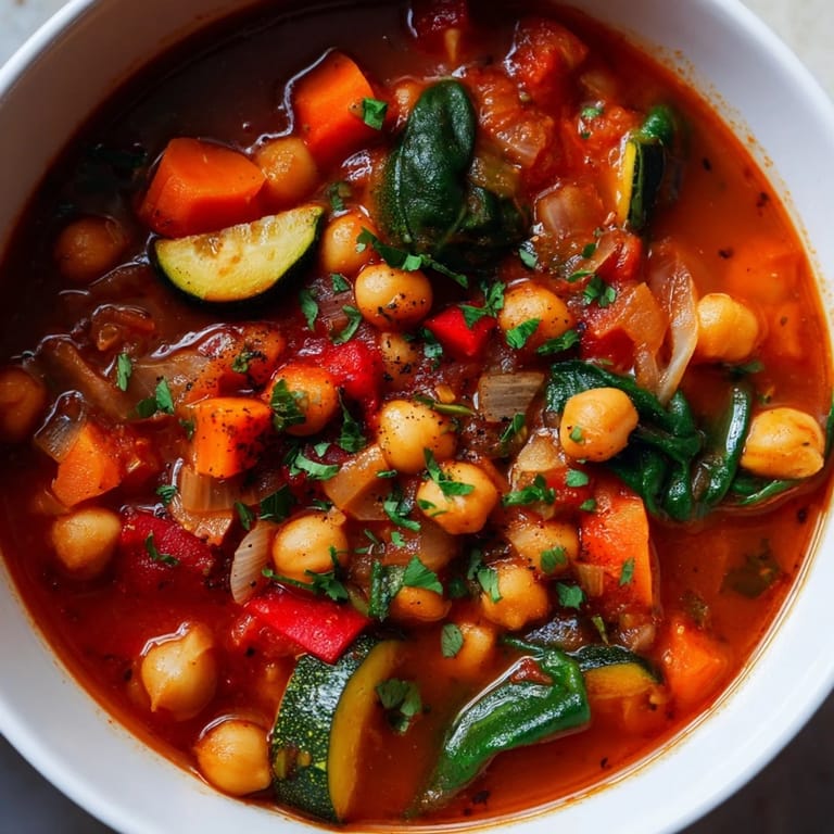 Healthy, vegan Spicy Chickpea Stew served over quinoa in a rustic bowl with warm crusty bread.