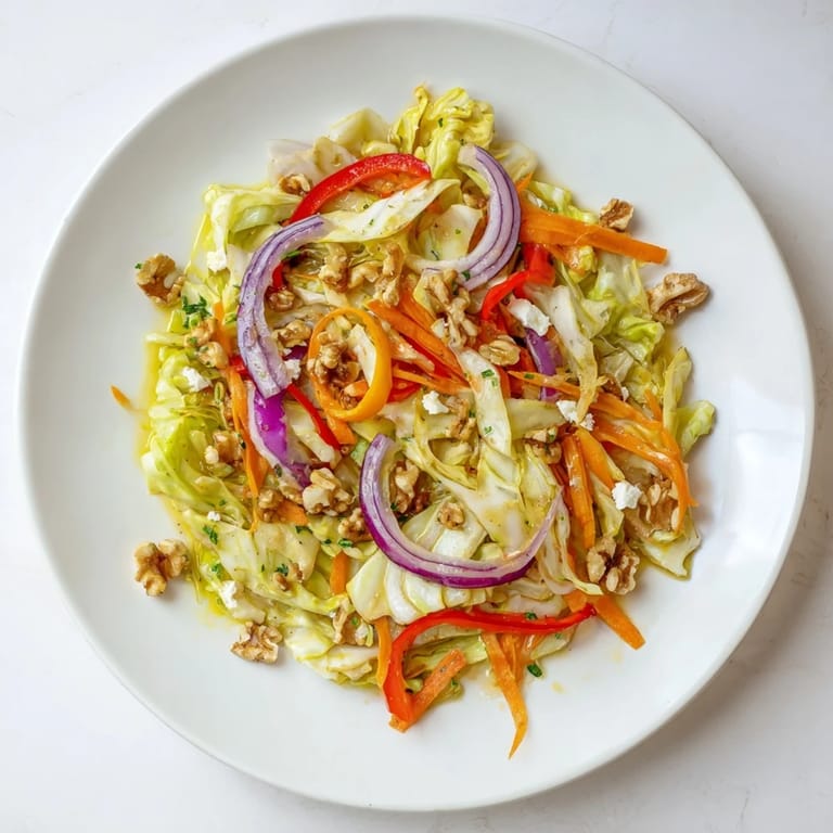 In a skillet, sautéed cabbage meets crunchy carrots and peppers in this Cooked and Loved Cabbage Salad drizzled with dressing.