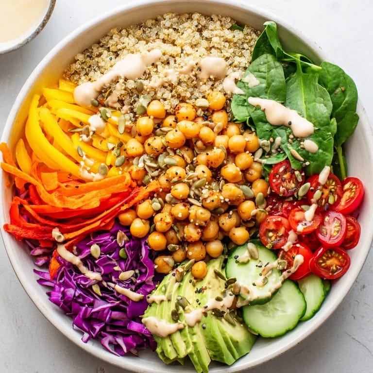 Healthy vegetarian Buddha bowl over fluffy quinoa, featuring bright veggies and a sprinkle of sesame seeds.